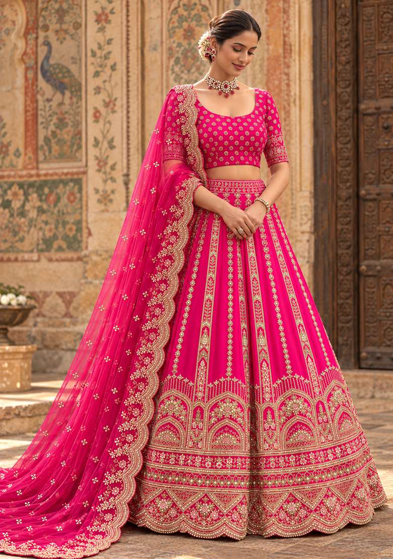 Rani Pink Embroidered Raw Silk Lehenga Set with Net Dupatta - Indya