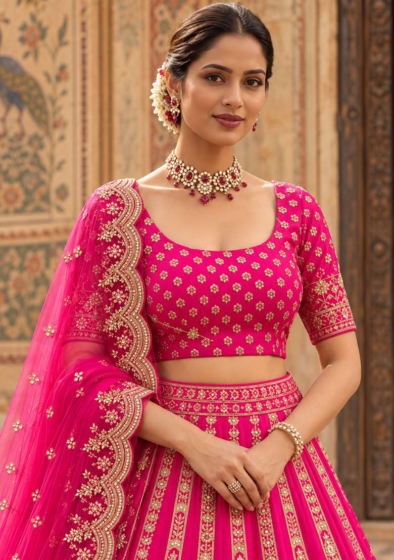 Rani Pink Embroidered Raw Silk Lehenga Set with Net Dupatta - Indya