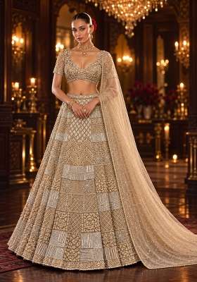 Beige Cutdana and Bead Embellished Net Lehenga Set with Matching Dupatta