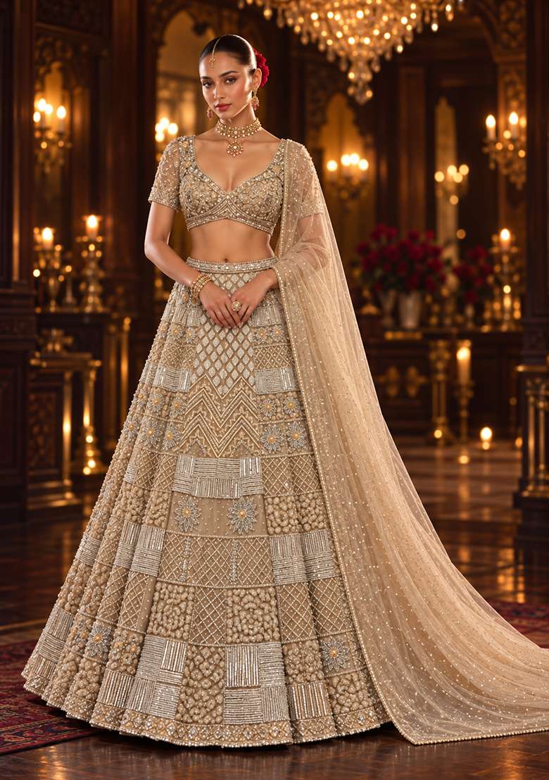 Beige Cutdana and Bead Embellished Net Lehenga Set with Matching Dupatta - Indya