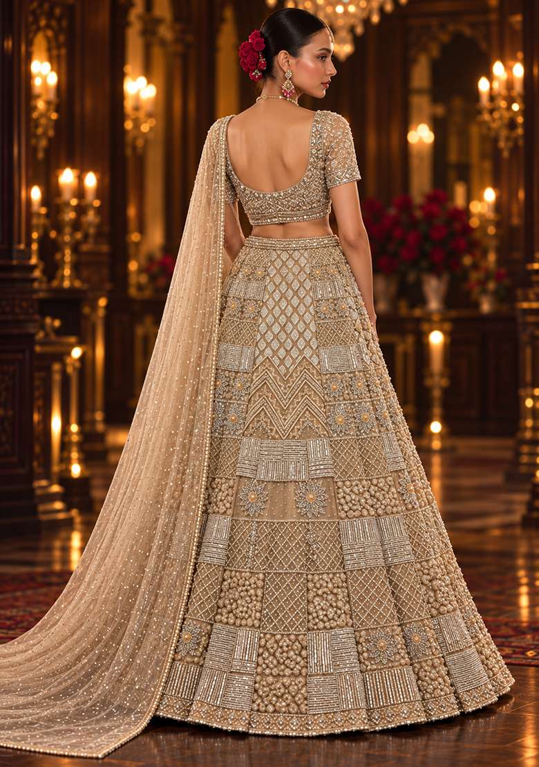 Beige Cutdana and Bead Embellished Net Lehenga Set with Matching Dupatta - Indya