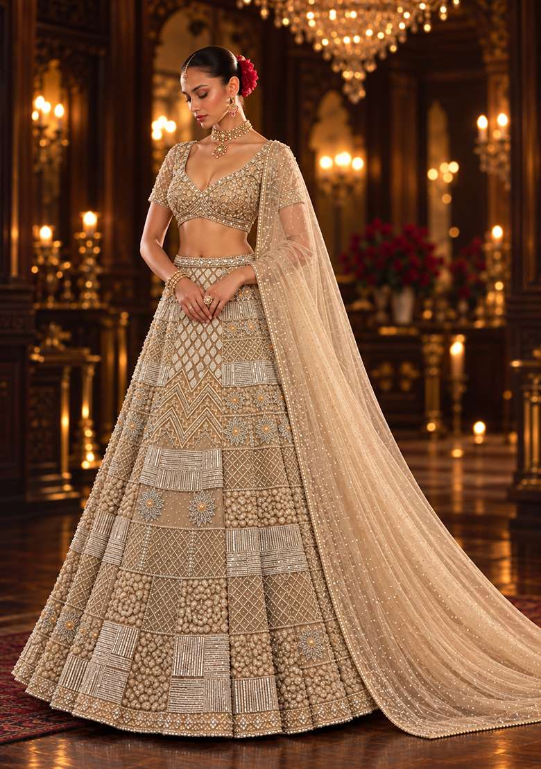 Beige Cutdana and Bead Embellished Net Lehenga Set with Matching Dupatta - Indya