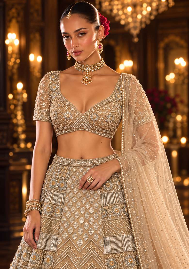 Beige Cutdana and Bead Embellished Net Lehenga Set with Matching Dupatta - Indya