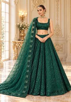 Bottle Green Cutdana and Sequin Embellished Net Lehenga Set with Matching Dupatta