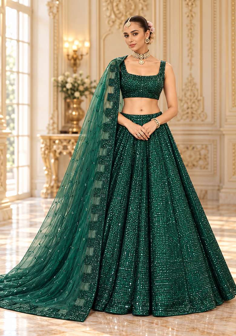 Bottle Green Cutdana and Sequin Embellished Net Lehenga Set with Matching Dupatta - Indya