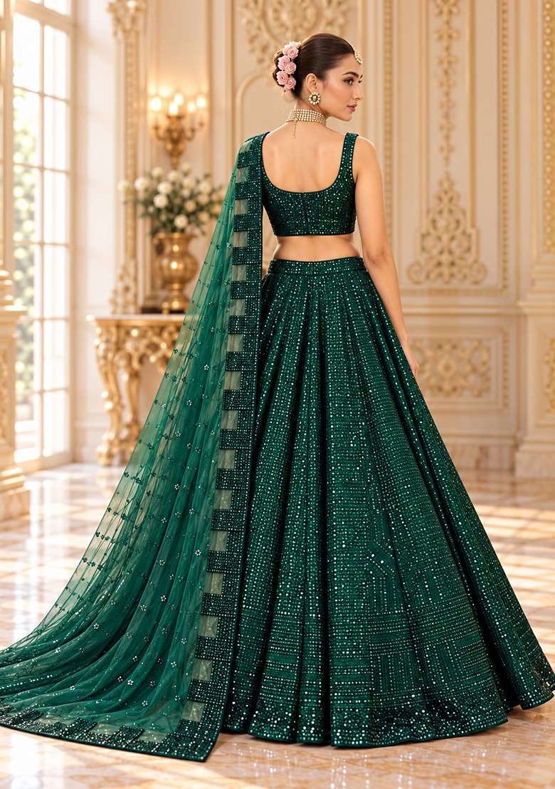 Bottle Green Cutdana and Sequin Embellished Net Lehenga Set with Matching Dupatta - Indya