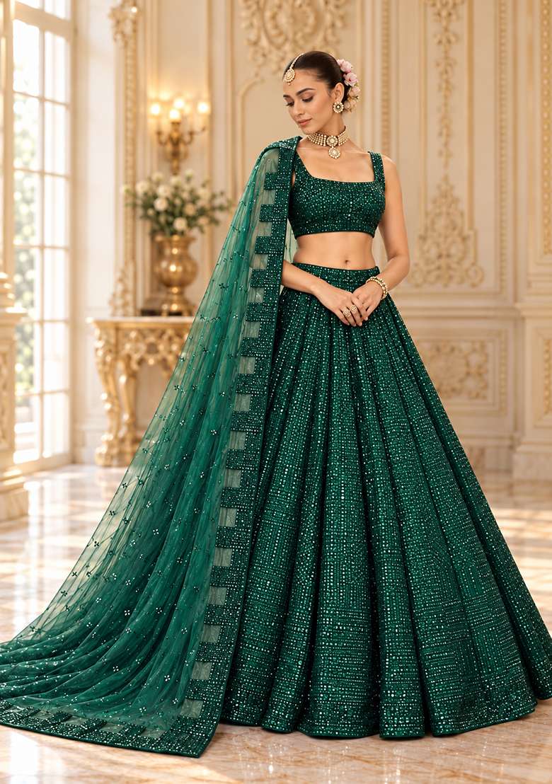 Bottle Green Cutdana and Sequin Embellished Net Lehenga Set with Matching Dupatta - Indya