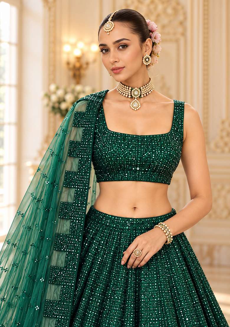 Bottle Green Cutdana and Sequin Embellished Net Lehenga Set with Matching Dupatta - Indya