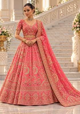 Blush Pink Zardozi Hand Embroidered Raw Silk Lehenga Set with Net Dupatta