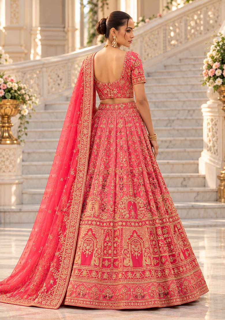 Blush Pink Zardozi Hand Embroidered Raw Silk Lehenga Set with Net Dupatta - Indya