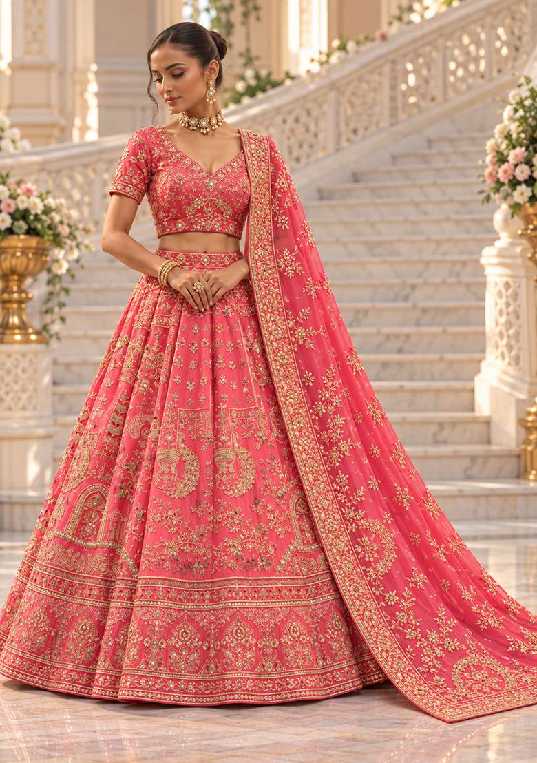 Blush Pink Zardozi Hand Embroidered Raw Silk Lehenga Set with Net Dupatta - Indya