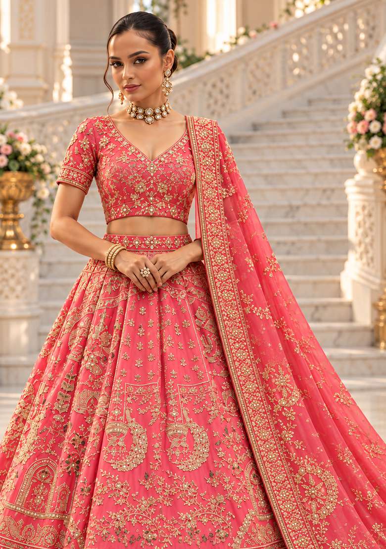 Blush Pink Zardozi Hand Embroidered Raw Silk Lehenga Set with Net Dupatta - Indya