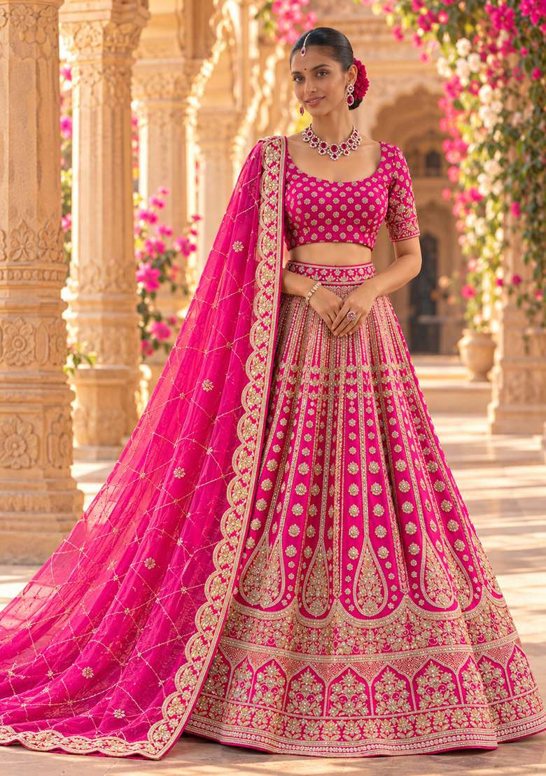 Magenta Pink Embroidered Raw Silk Lehenga Set with Net Dupatta - Indya