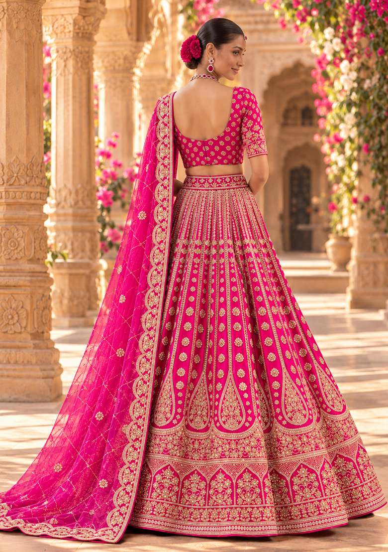 Magenta Pink Embroidered Raw Silk Lehenga Set with Net Dupatta - Indya