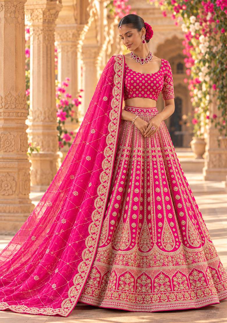 Magenta Pink Embroidered Raw Silk Lehenga Set with Net Dupatta - Indya