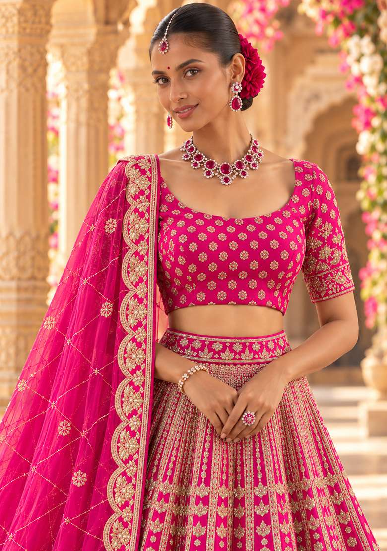 Magenta Pink Embroidered Raw Silk Lehenga Set with Net Dupatta - Indya