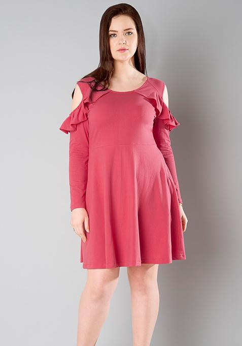 CURVE Ruffled Cold Shoulder Dress - Coral