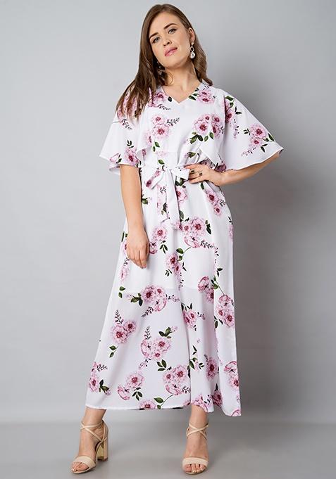 Buy Women Plus Size White Floral Butterfly Sleeve Maxi Dress - Curve ...