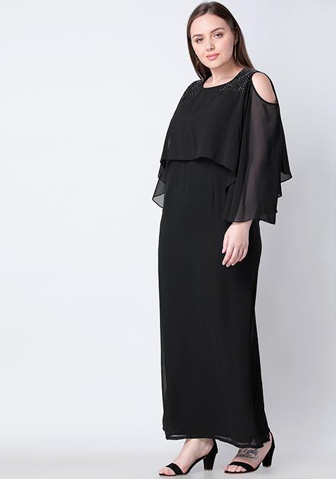 Buy Women Plus Size Black Embellished Cold Shoulder Maxi Dress - Trends ...