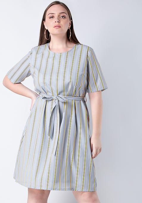 CURVE Grey Striped Belted Shift Dress 