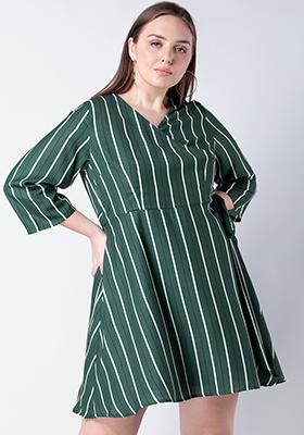 CURVE Green Striped Belted Wrap Dress 
