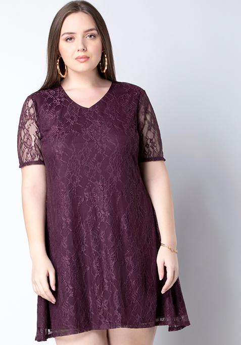 CURVE Wine Lace Shift Dress 