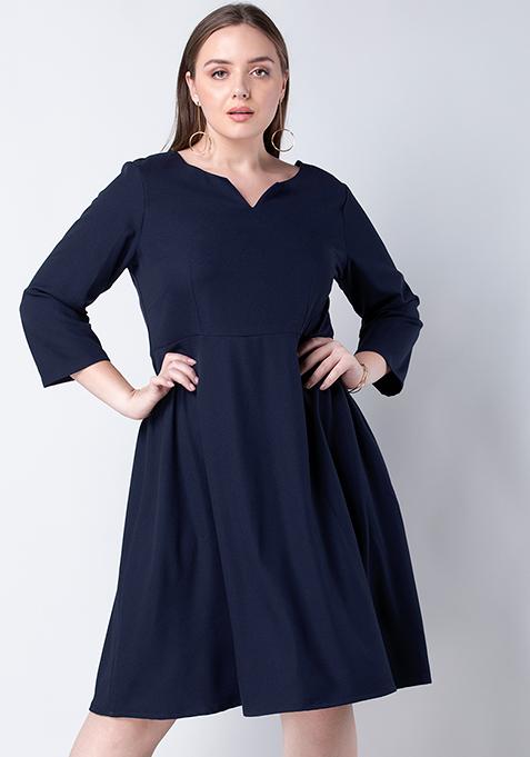 CURVE Navy Solid Skater Dress 