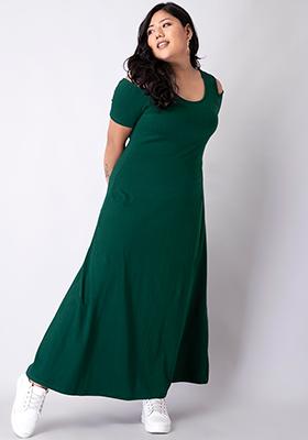 CURVE Dark Green Jersey Cold Shoulder Maxi Dress 