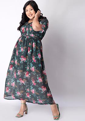 Plus Size Women's Maxi Dress - Fall Winter Casual Long Sleeve Print Flowy  Maxi Dress with Belt XL-5XL