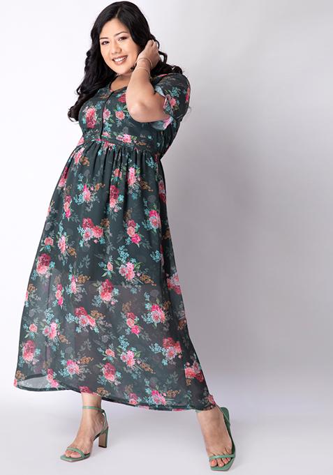 CURVE Dark Green Floral Flared Sleeve Maxi Dress 