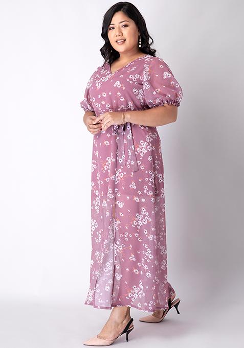 Buy Women Plus Size Pink Floral Flared Sleeve Belted Maxi Dress - Work ...