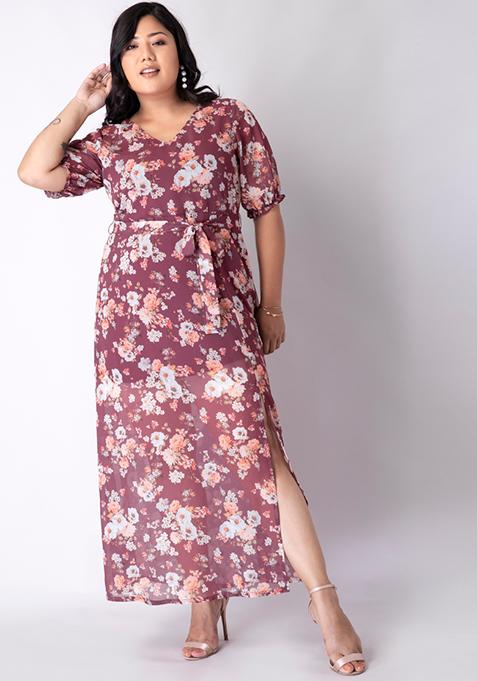 Buy Women Plus Size Wine Floral Flared Sleeve Belted Maxi Dress ...
