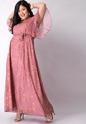 CURVE Rusty Rose Floral Flared Sleeve Maxi Dress 