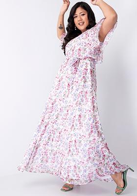 CURVE White Floral Flared Sleeve Maxi Dress