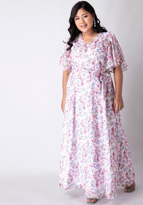 Buy Women Plus Size White Floral Flared Sleeve Maxi Dress - Fab Fits ...