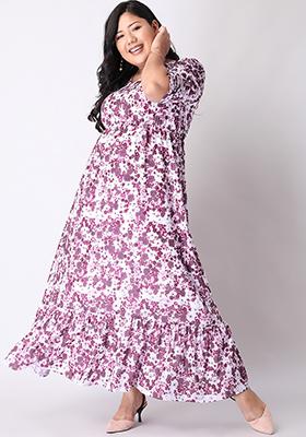 CURVE Purple Floral Puff Sleeve Maxi Dress