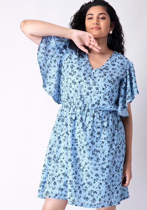 CURVE Blue Floral Cascade Sleeve Skater Dress 