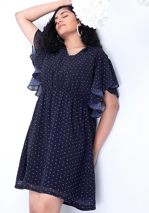 CURVE Navy Cascade Sleeve Skater Dress 