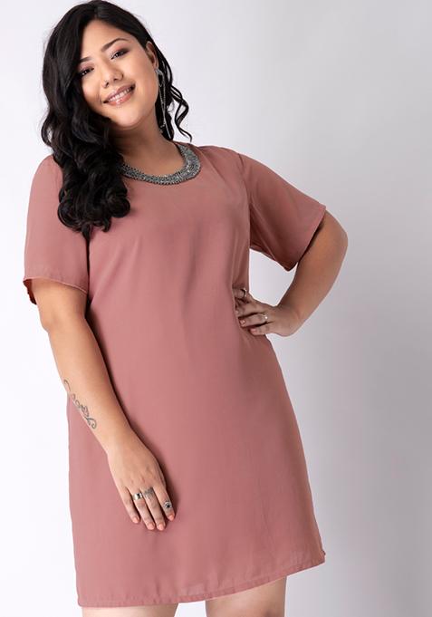 CURVE Dusty Pink Embellished Neck Shift Dress 