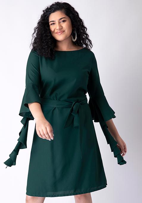 CURVE Dark Green Cascade Sleeve Belted Shift Dress 