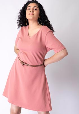 CURVE Dusty Pink A Line Dress with Tan Belt