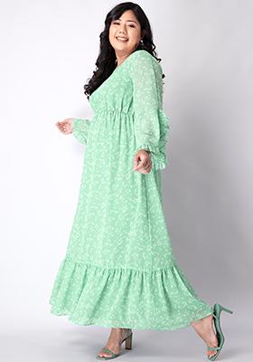 CURVE Green Floral Slit Sleeve Ruffle Maxi Dress 