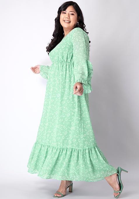 CURVE Green Floral Slit Sleeve Ruffle Maxi Dress 