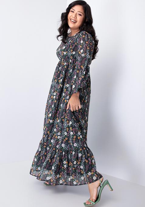 CURVE Black Floral Slit Sleeve Ruffle Maxi Dress 