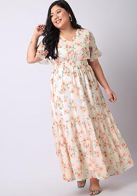 CURVE Peach Floral Smocked Waist Tiered Maxi Dress 