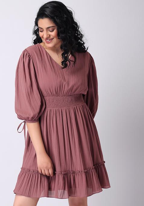 CURVE  Rusty Rose Smocked Tie Up Sleeve Skater Dress 