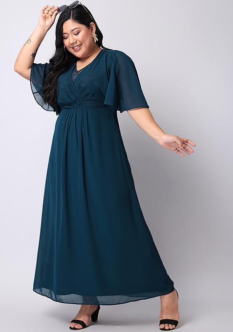 CURVE Teal Blue Lace Cape Maxi Dress 