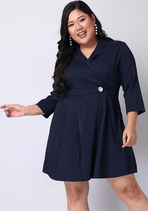 CURVE Navy Pleated Collared Neck Wrap Dress 