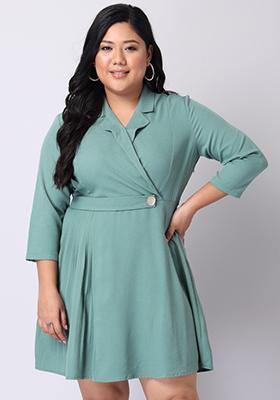 CURVE  Green Pleated Collared Neck Wrap Dress 