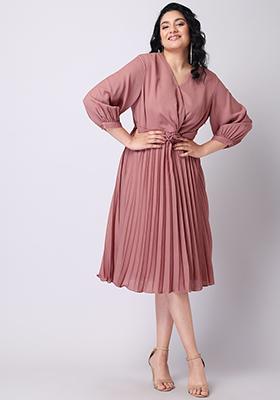 CURVE Dusty Pink Pleated Front Knot Dress 